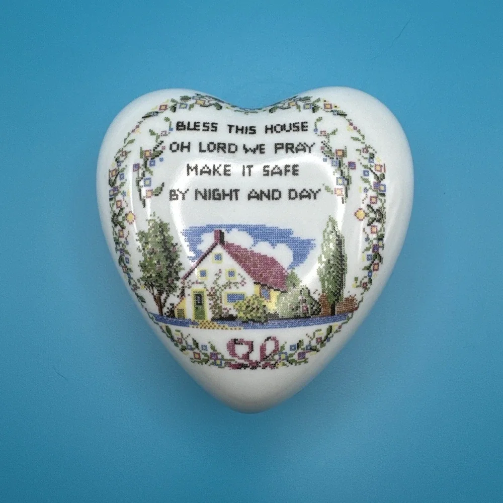 Heart Shape Trinket Box Bavaria Western Germany Lid‎ Bless Home Prayer Vintage